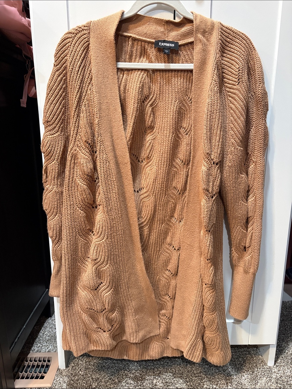 Express Cable-Knit Open Cardigan in Camel